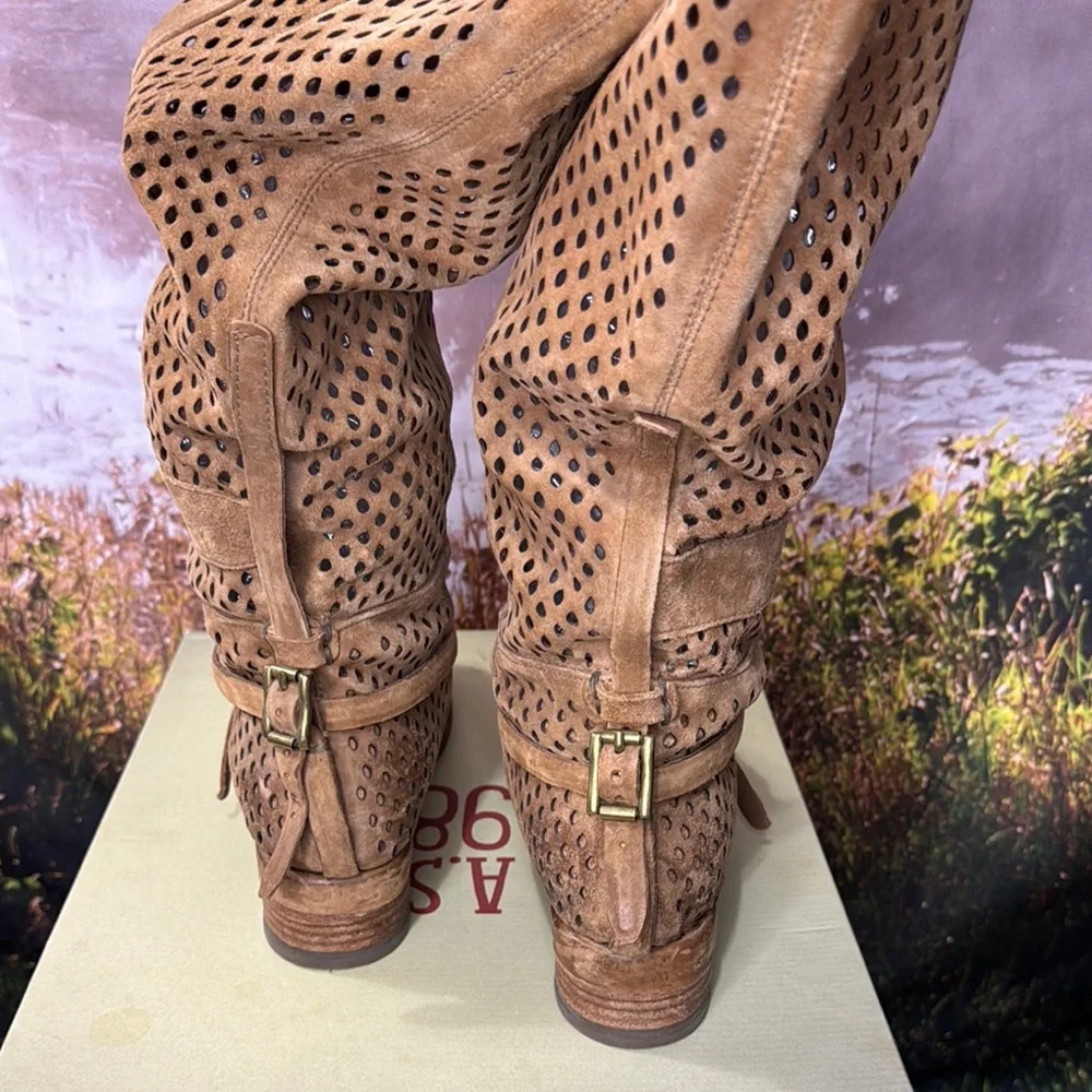 A.S.98 Tan Perforated Over-the-Knee Suede Boots